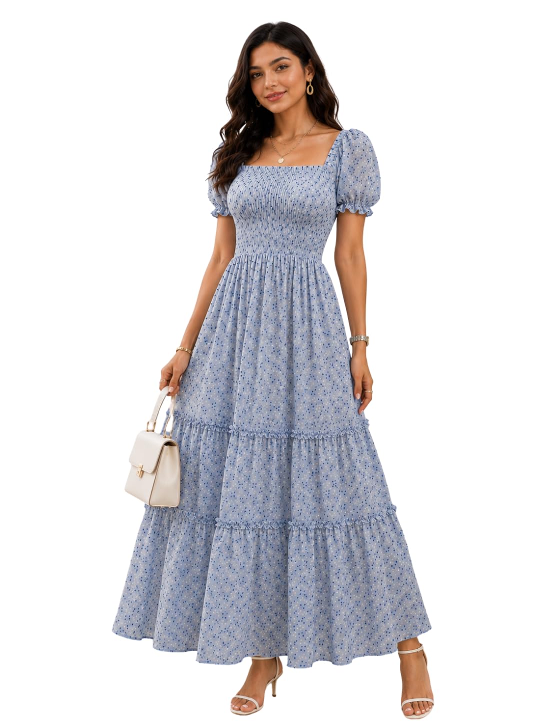 Women's Floral Printed Square Neck Smocked Flared Maxi Dress with Puff Sleeves-picture-54