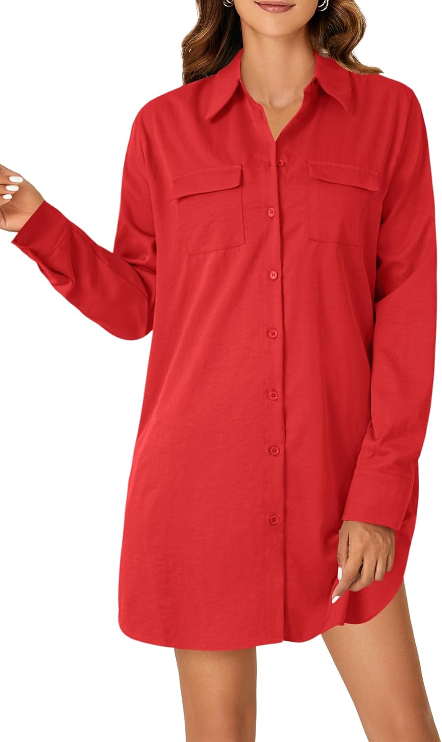 LYANER Women's Button Down Shirt Dresses Collared V Neck Long Sleeve Slit Mini Dress