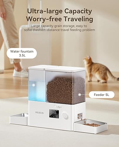 Miniatura 6 de Rojeco Alimentador automático para gatos y dispensador de agua por gravedad, 36 tazas8.5 L, juego de cuencos de acero inoxidable 2 en 1, alimentador