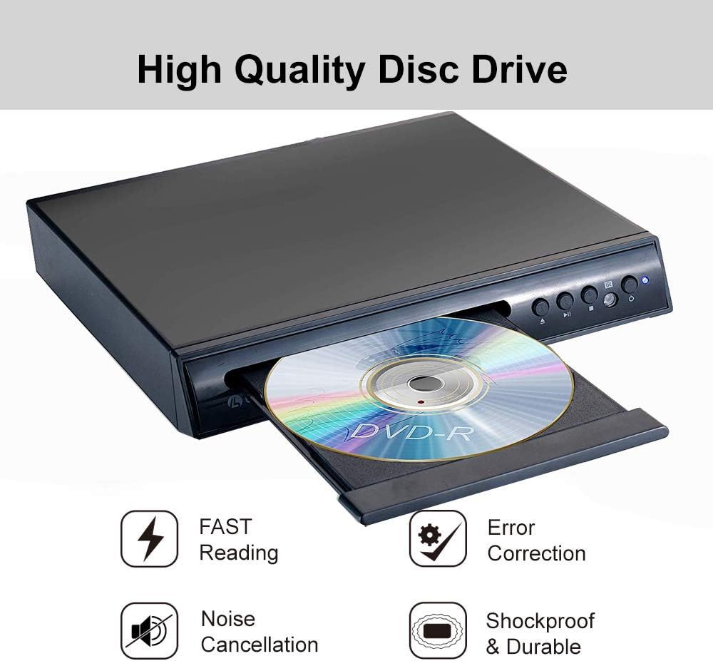 DVD Player for TV, LONPOO Basic Region Free DVD CD Player with Anti-Skip,No Picture Freeze,Noise Cancellation, Build-in PAL/NTSC System, Compact Design, USB Playback, Remote Control,AV Cable Included