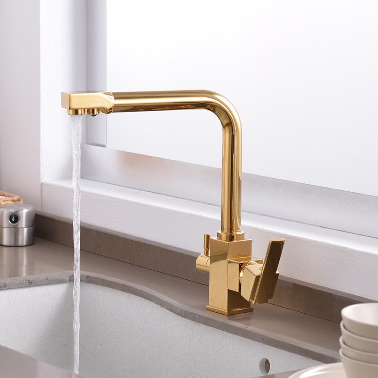 Grifo de cocina de 3 vías para fregadero con doble salida de agua osmotizada