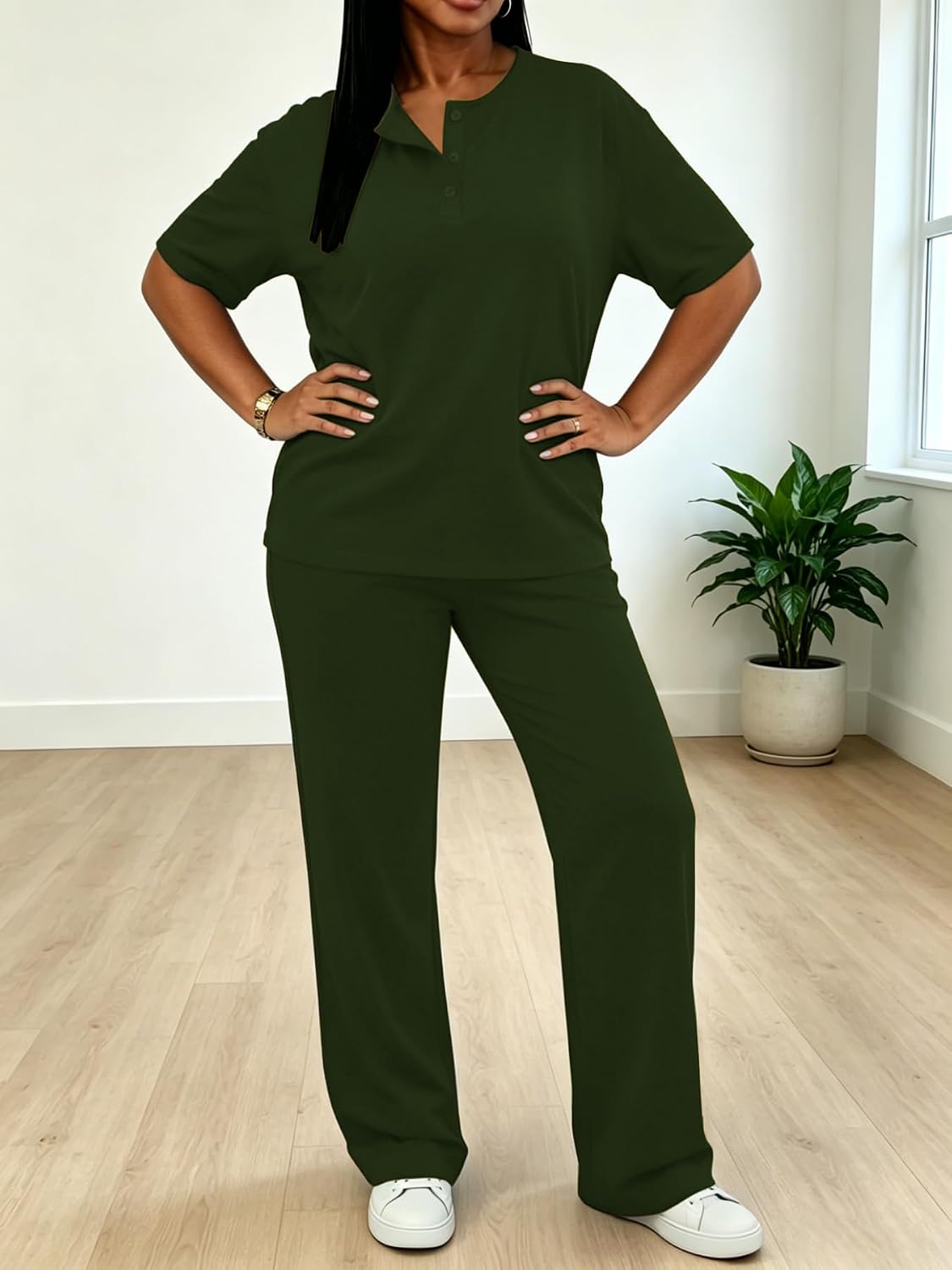 TOPSRANI Plus Size Women Lounge Sets Casual Sweatsuits Two Piece Outfits Short Sleeve Tracksuit Long Pants with Pockets