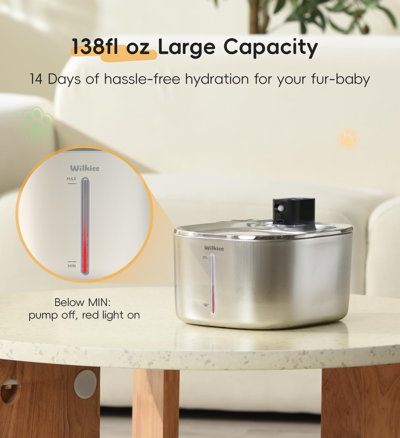 Cat Water Fountain Stainless Steel, 138fl.oz / 4.1L Cat Fountain, Pet Water Dispenser Cordless for Cats & Dogs Indoor