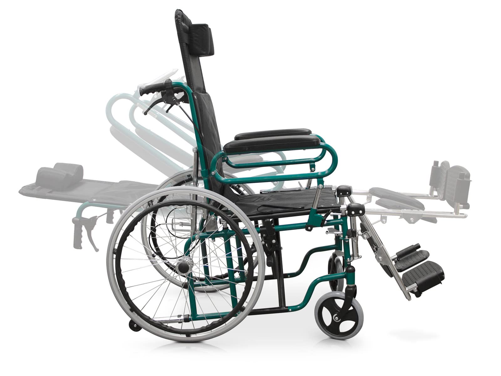 QUIRUMED Silla de ruedas reclinable con reposacabezas, Asiento 46 cm, Ligera, Plegable, Reposabrazos abatibles, Ruedines antivuelco, Frenos de mano y en manetas, Para mayores, Para minusválidos