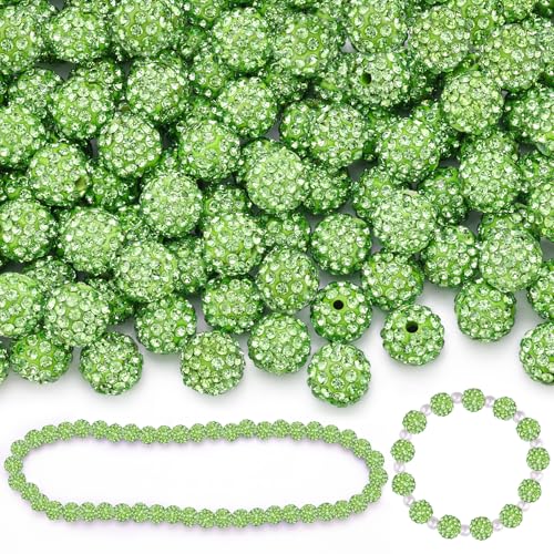 100 Pcs Light Green Rhinestone Beads for Jewelry Making, Sparkle Crystal Clay Christmas for Bracelet Baseball Necklace Earring Crafting and DIY, Shiny Round Shamballa Disco Ball Beads Bulk