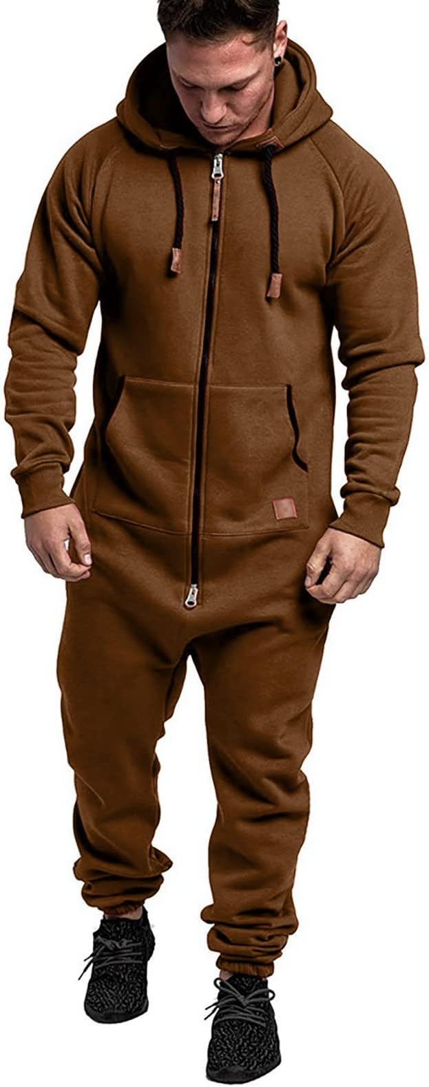 WUAI Onesie Men's Hooded Jumpsuit Zip Up One Piece Pajamas Playsuit Jogger Sweatsuit Overall Romper Coffee