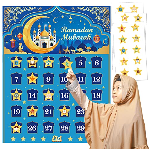 DPKOW Ramadan Calendrier pour Enfants Ramadan Cadeaux Jeux, 2023 Ramadan Calendrier Affiche pour Musulman Aïd Calendrier de l'Avent, Compte à Rebours Aïd Al-Fitr Ramadan Décorations, avec Autocollants