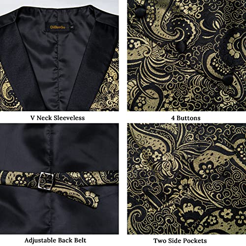 Image of DiBanGu Mens Paisley Vest Silk Sleeveless Suit Vest and Neck Tie Pocket Square Cufflinks Set for Wedding Formal