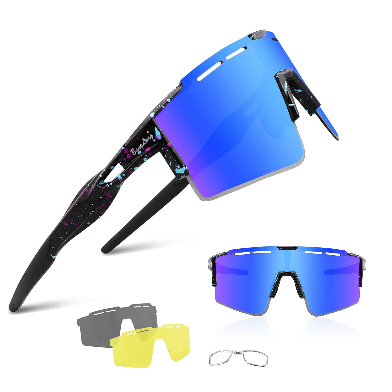 BangLong Polarisierte Sonnenbrille, Fahrradbrille Herren Damen UV 400 Schutz mit 3 Wechselgläser, Schutzbrille Sportbrille für Outdoorsport Radfahren Laufen Golf