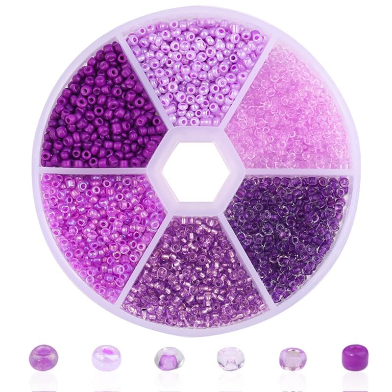 1 Box Small Round Glass Seed Beads, 2mm Mixed Colors Glass Seed Beads for Crafting Beading, Keychain Making, About 3900Pcs, Purple Tone