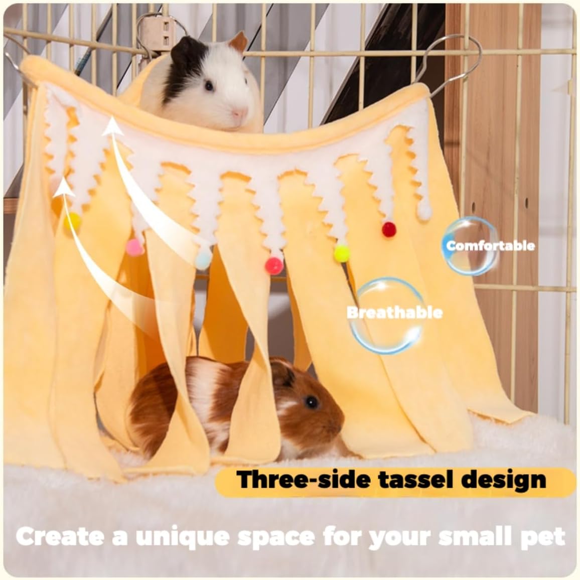 Guinea Pig Corner Hideout Rabbit Hanging Fleece Toy (Yellow,Medium) | Small Animal Hideout Hammock with Tassel, Soft Hanging Corner Fleece Toy, Hideaway for Hamster Chinchilla Hedgehog Ferret