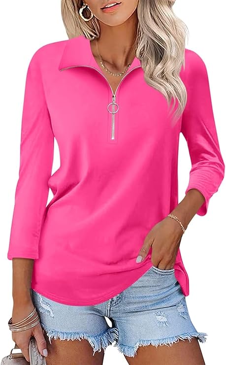 Minetom Women's V Neck 3/4 Sleeve Tops Quarter Zip Collared Shirts Polo Shirts Summer Tees