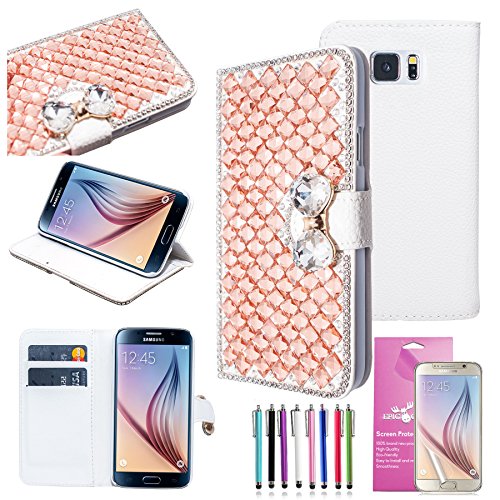Samsung Galaxy S6 Wallet Case, EpicGadget(TM) Champagne Gold Shiny Cute Bow Bow knot Leather Case with 2 Card Pockets Wallet Cover For Samsung Galaxy S6 SM-G9200 + 1 Screen Protector and 1 x Stylus