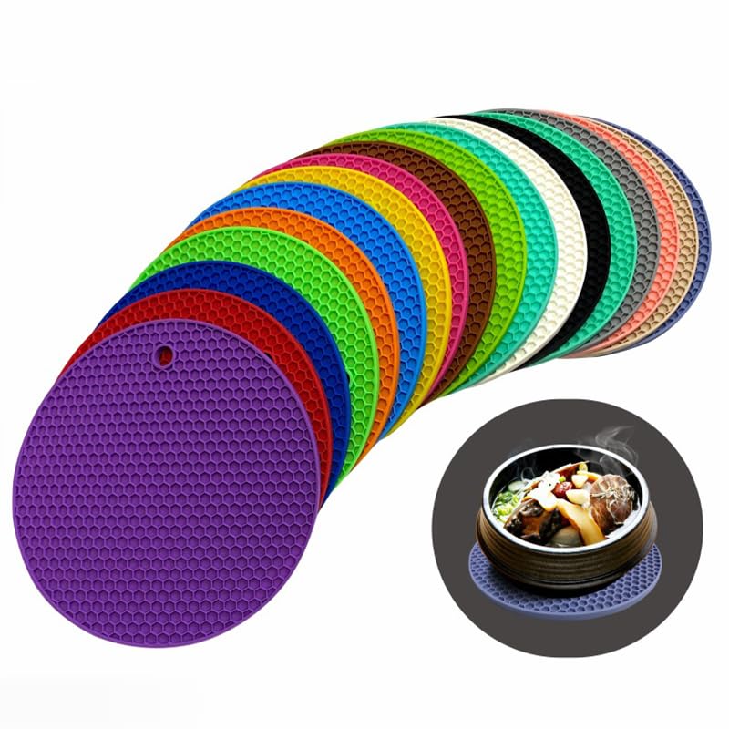 Sottopentola in silicone, tovaglietta, Sottopentola in silicone rotondo antiscivolo termico, confezione da 3, multicolore, 18 cm(Green2)