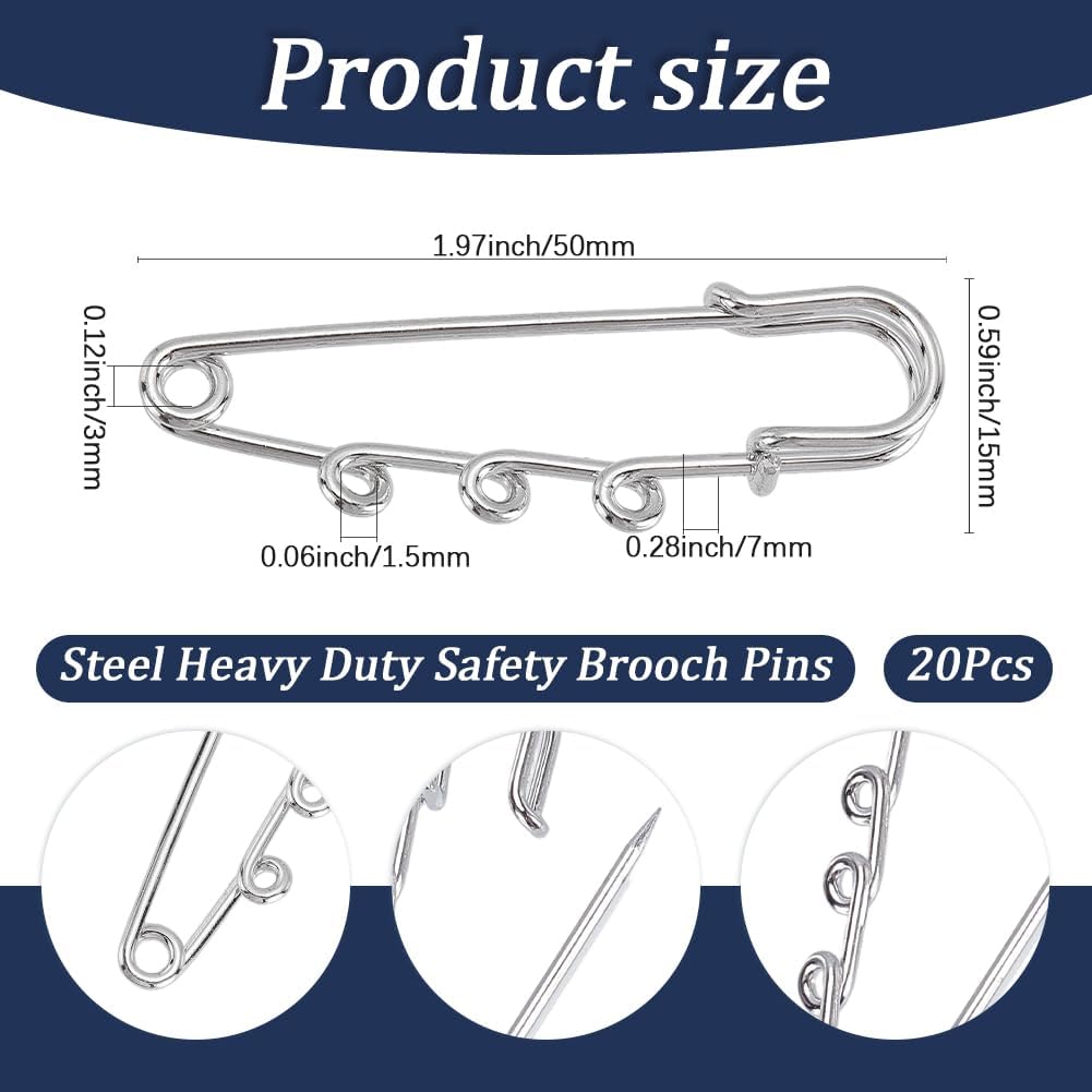 SUNNYCLUE 1 Box 20pcs 2 Inch Kilt Pins Bulk Safety Pin Brooch Finding Silver 3 Loops Metal Steel Fastener Clip Clasp Kilt Safety Badge Findings for Jewelry Making Christmas Blankets Clothes Supplies image 2
