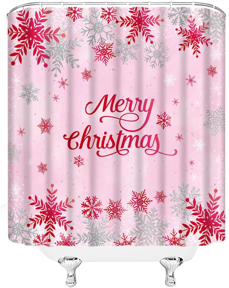 GCTNBJL Christmas Shower Curtain Pink Gray Snowflake Vintage Rustic Vintage Winter Holiday Seasonal Festival Bathroom Decor Fabric Curtain with Hooks
