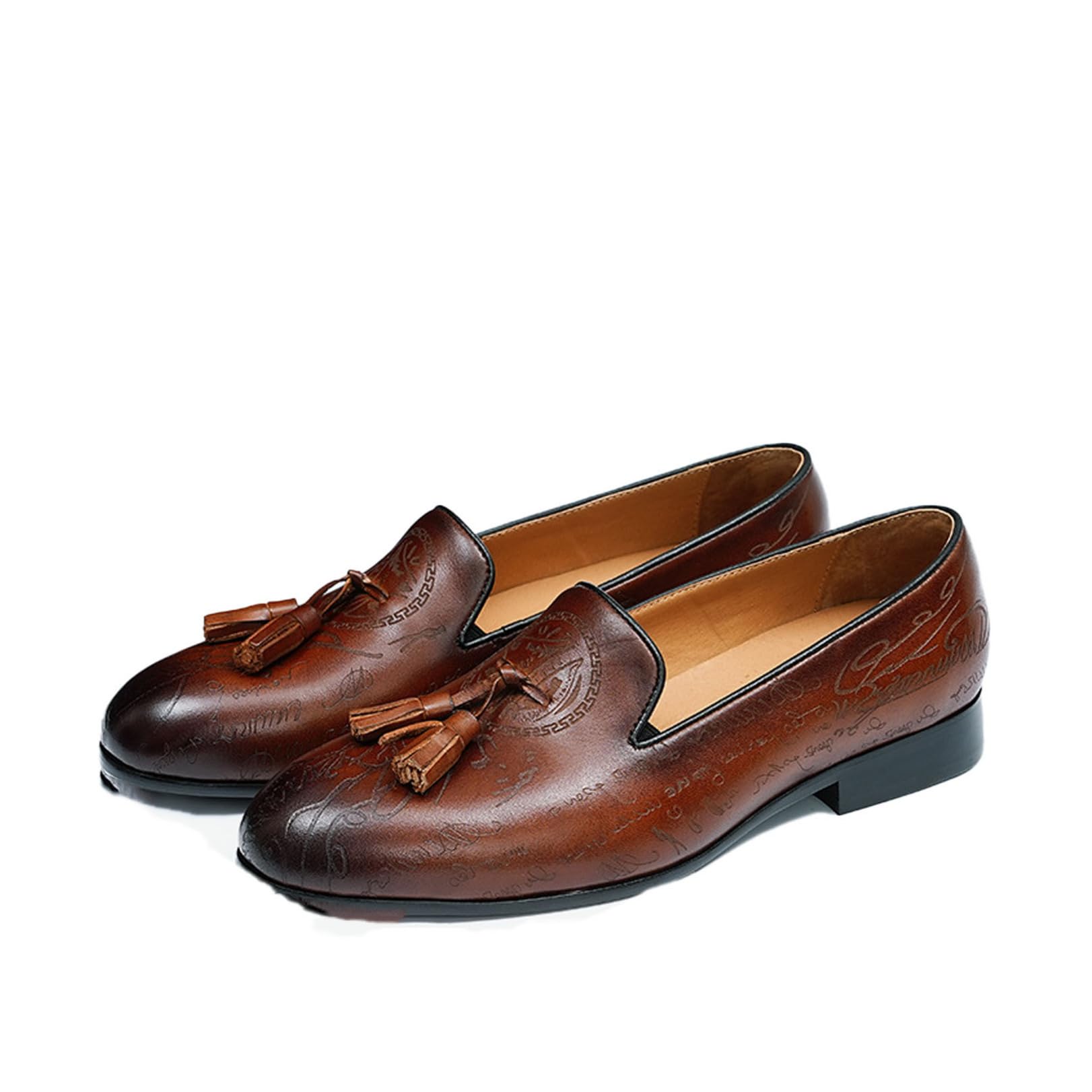 Genérico Mocasines Hombre con Borlas para Traje Boda Ceremonia | Mocasines sin cordones con borlas, diseño grabado y tacón 3 cm para traje, boda, oficina y eventos