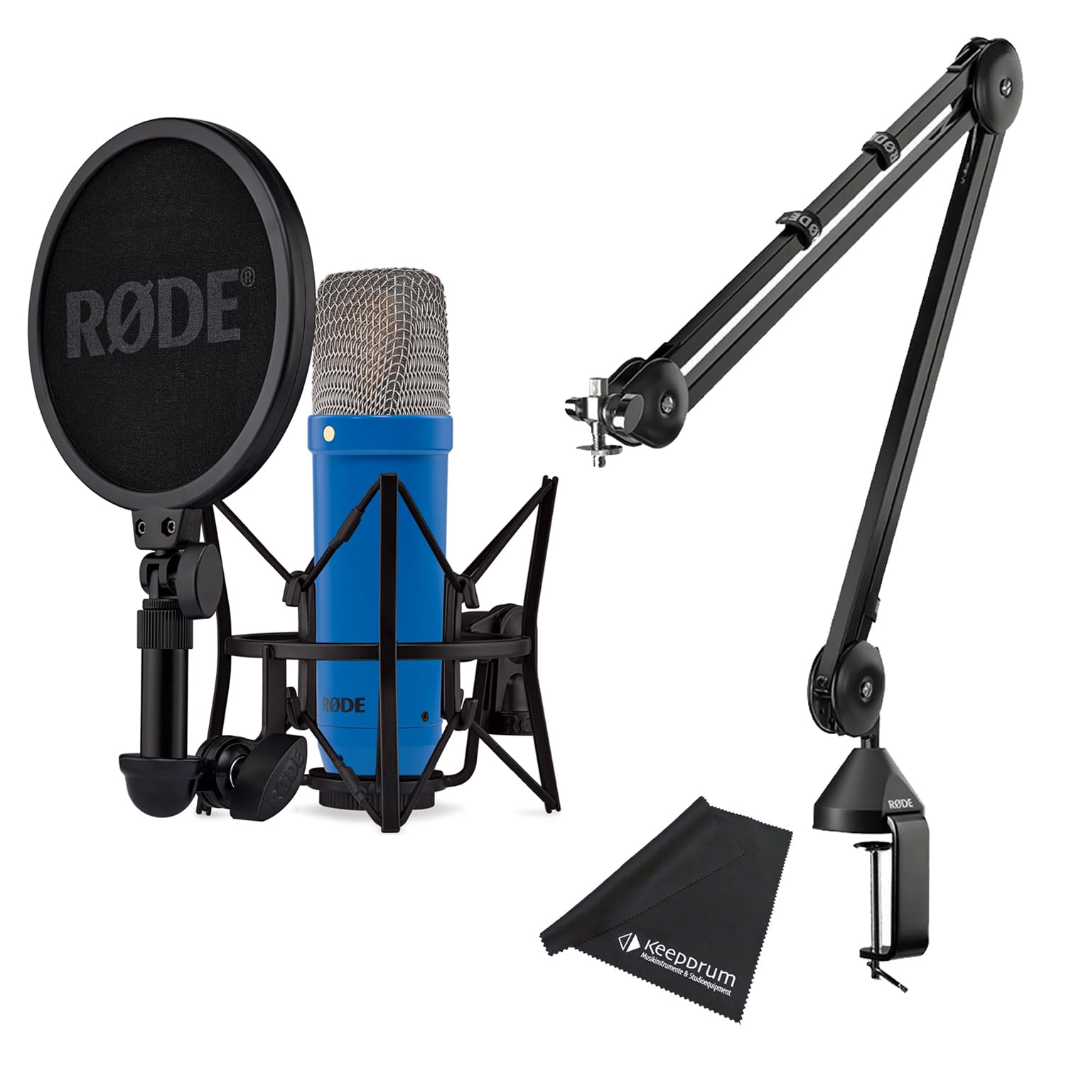 Rode NT1 Signature Cobalt Studio-Mikrofon Kobaltblau mit PSA-1 Gelenkarm und keepdrum Mikrofasertuch