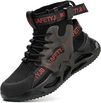 High-Topped Work Safety Shoes, Breathable Trendy Labour Insurance Shoes, Smash and Puncture Resistant Steel Toe Sneakers, Lightweight Comfortable Outdoor Adventure Protection FootwearBlack,EU 43