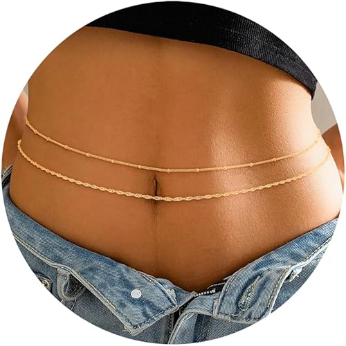 RLMOON 2 cadenas de cintura chapados en oro de 18 quilates de 26 a 43 pulgadas para mujer, cadena de vientre de cuerpo de oro para la cintura,