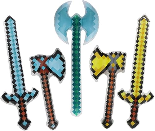 Miniatura 8 de Paquete de 5 unidades únicas con tema de píxeles de PVC inflables de gran tamaño, espadas hachas, hachas, hachas, juguete para fiesta, divertido,