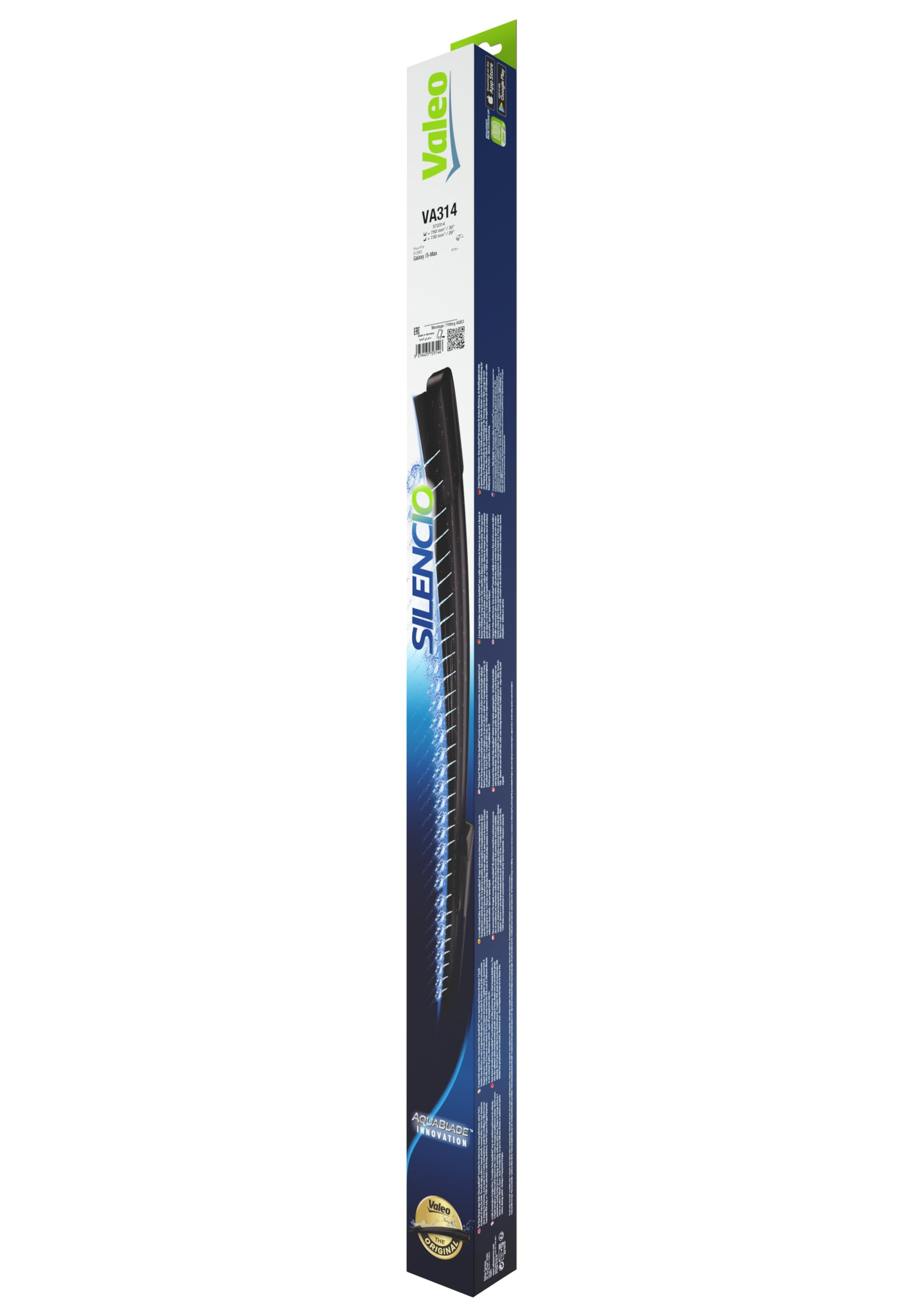 VALEO Silencio Original Aquablade Tergicristalli VA314 Kit di Spazzole Tergicristallo Dalle Migliori Prestazioni di Pulizia e Asciugatura 750mm/730mm Anteriore Confezione da 2 572314