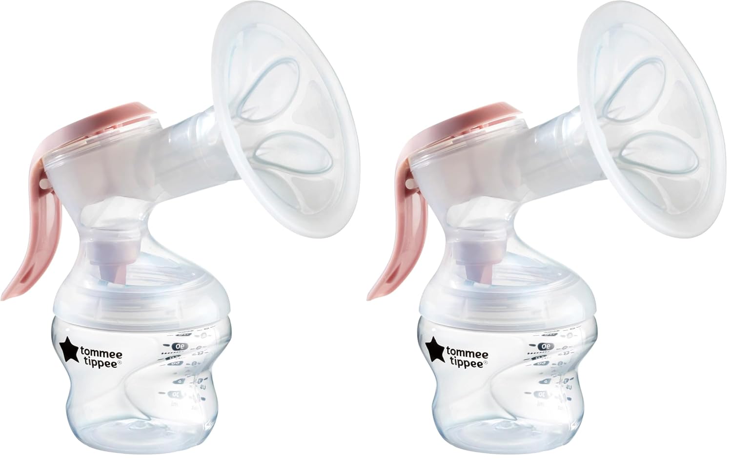 Tommee Tippee Made for Me Single Manual Breast Pump, Strong Suction, Soft Feel, Ergonomic Handle, Portable and Quiet Breastmilk Pump, Baby Bottle Included (Pack of 2)