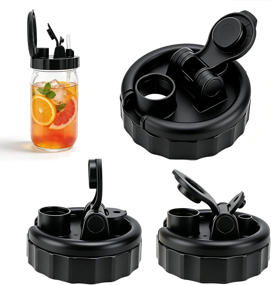 Flip Spout Mason Jar Lids 3‑Pack, Leakproof Regular & Wide Mouth Jar Caps | for Drinking Salad Dressing & Food Storing,Mason Jar Pitcher Flip Cap Airtight Lid,Black