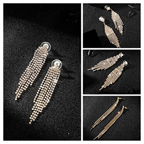 4 Pairs Chandelier Dangle Drop Earrings For Women Rhinestone Earrings Crystal Fringe Long Tassel Earrings For Bridal Wedding Prom Party (Gold) #TOP1