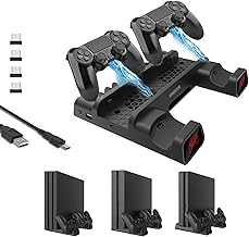 Base Vertical Carregador Cooler, Base de resfriamento compatível com PS4/PS4 Pro/PS4 Slim, Controller Charging Dock Station com suporte vertical mais frio, carregador de controle duplo com indicadores de LED e 10 jogos de armazenamento