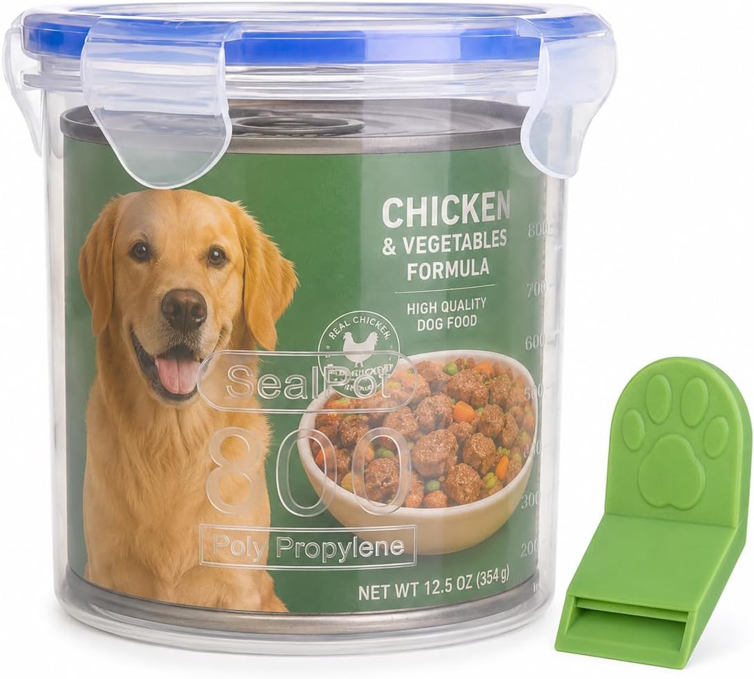 Tanwater Canned Dog Food Lid Storage Container, 800ml Airtight Pet Food Can Holder Fits 1 Large Cat Dog Food Can, Clear Plastic Dog Food Can Lid Alternative with Locking Lid & Bonus Paw Can Opener