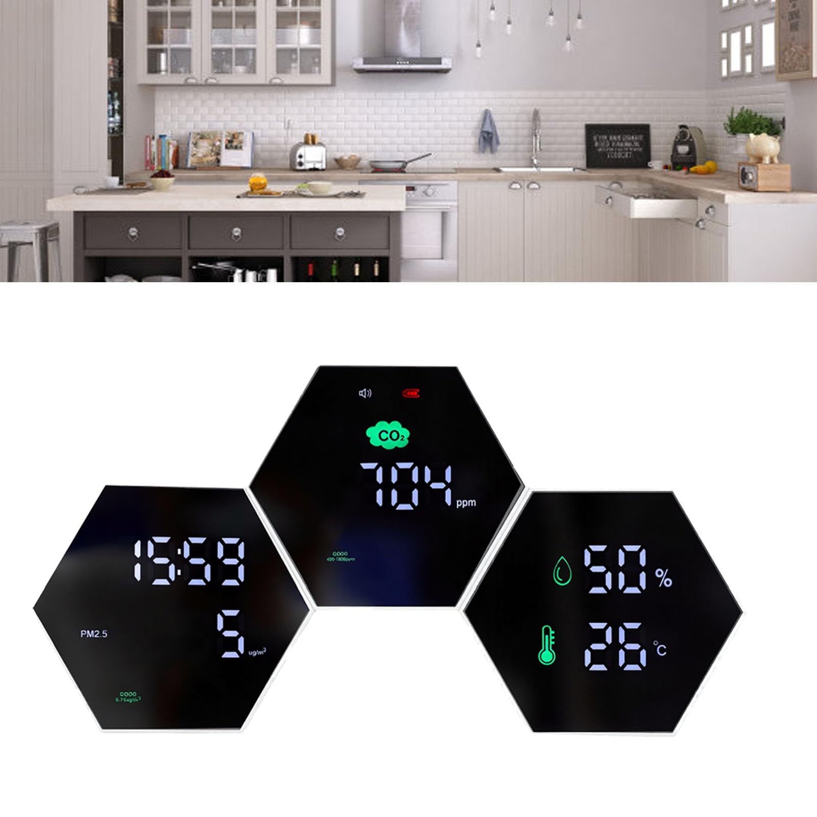 Detector de Calidad del Aire Interior, Monitor de CO2 y PM2.5 | Monitorización de Datos en Tiempo Real, Calibración Manual del Sensor, Brillo Ajustable, Autonomía de 24 Horas
