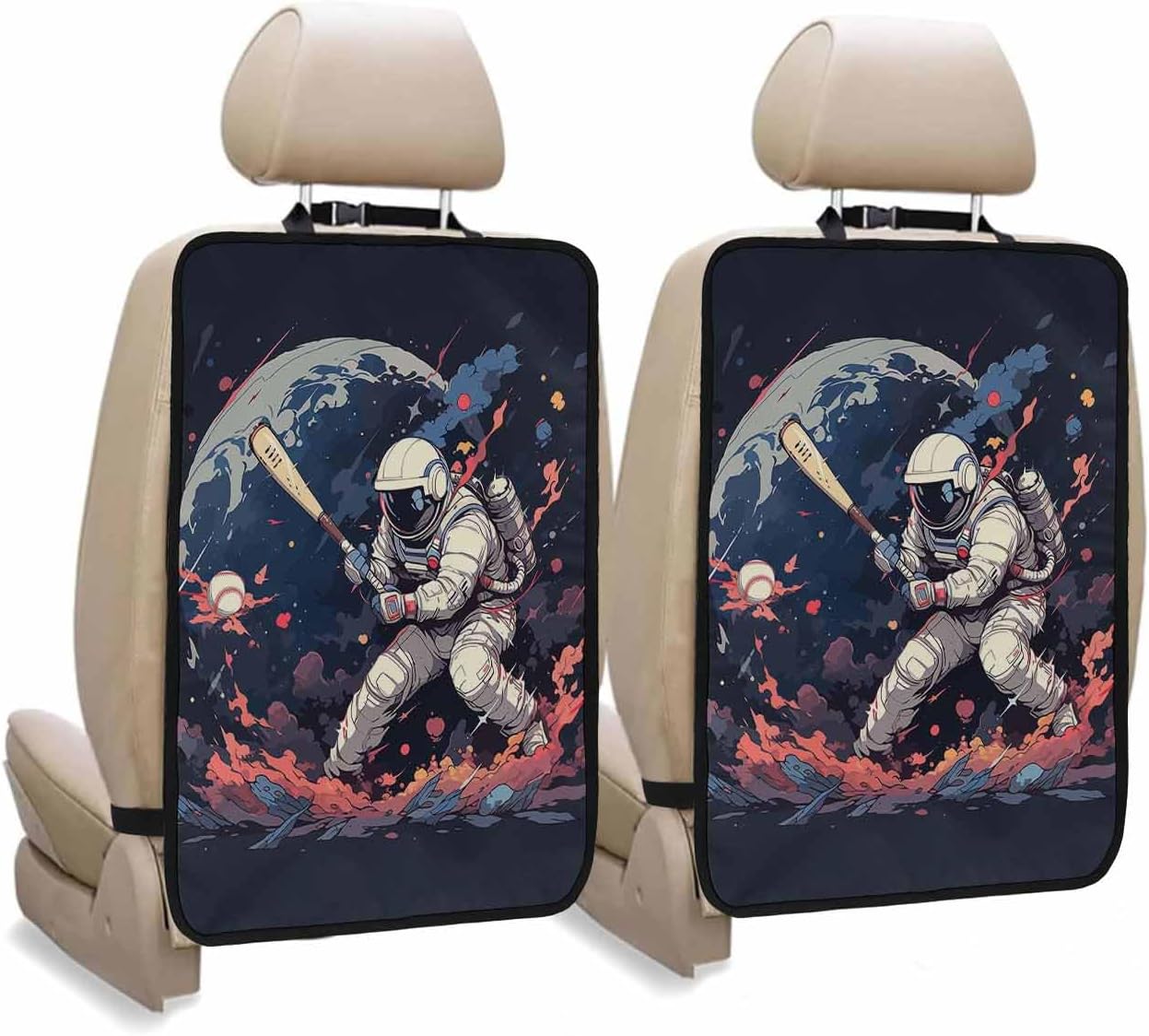 T&H XHome Car Seat Protector, 2 Pack Kick Mats Back Seat Protector Sports Theme Astronaut Play Baseball Waterproof Backseat Cover for Kids Universal Fit Automotive Interior Protectors