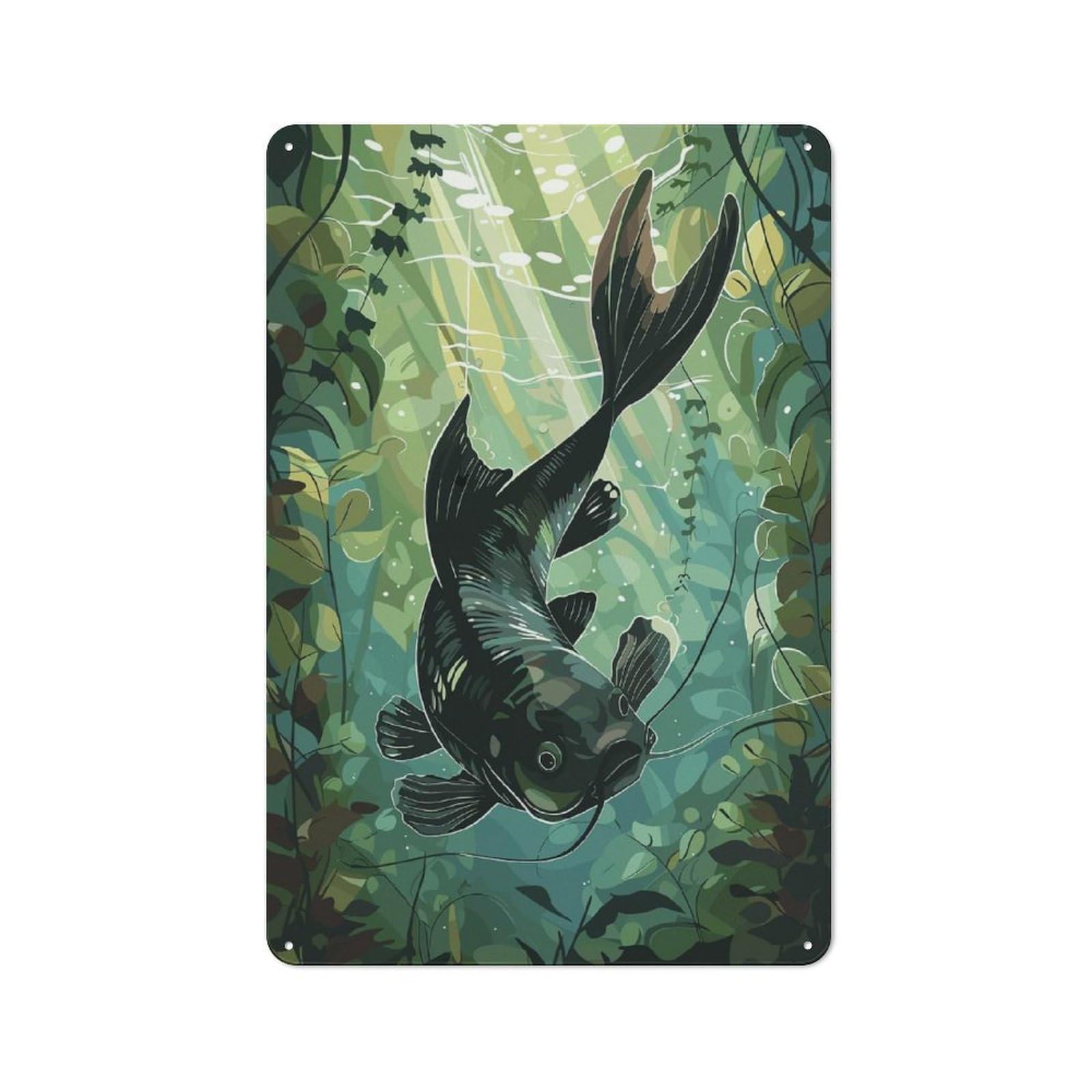Junmoney Style-15 Tin Wall Plaque 30X20cm With Black Catfish Underwater For Garage Wall, With Clear Vintage Wall Decor Character
