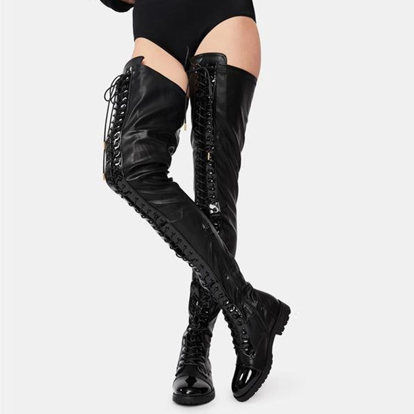Sexy Nightclub Lace-Up Lato Cerniera Tacco Basso Stivali Over-The-Knee Plus Size Stivali delle Donne