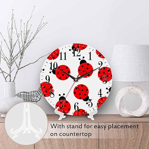 Miniatura 3 de Mxocom Reloj de pared de mariquita roja y negra, 10 pulgadas, silencioso, sin tictac, funciona con pilas, reloj redondo vintage para sala de estar,