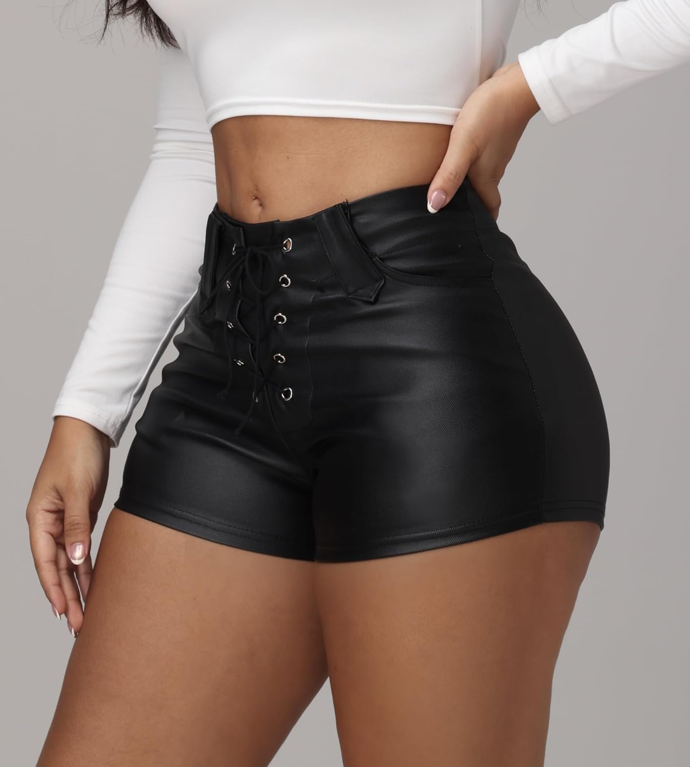 Zebaexf Women's Y2K Faux Leather Shorts Drawstring High Waisted Sexy Lace Up Short - Image 3