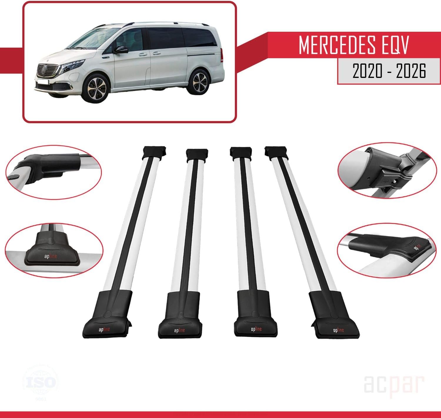 Compatible with Mercedes EQV (W447) 2019-2025 Cross Bar Fly Model Car Roof Rack Cross Bar 4 Bars Grey