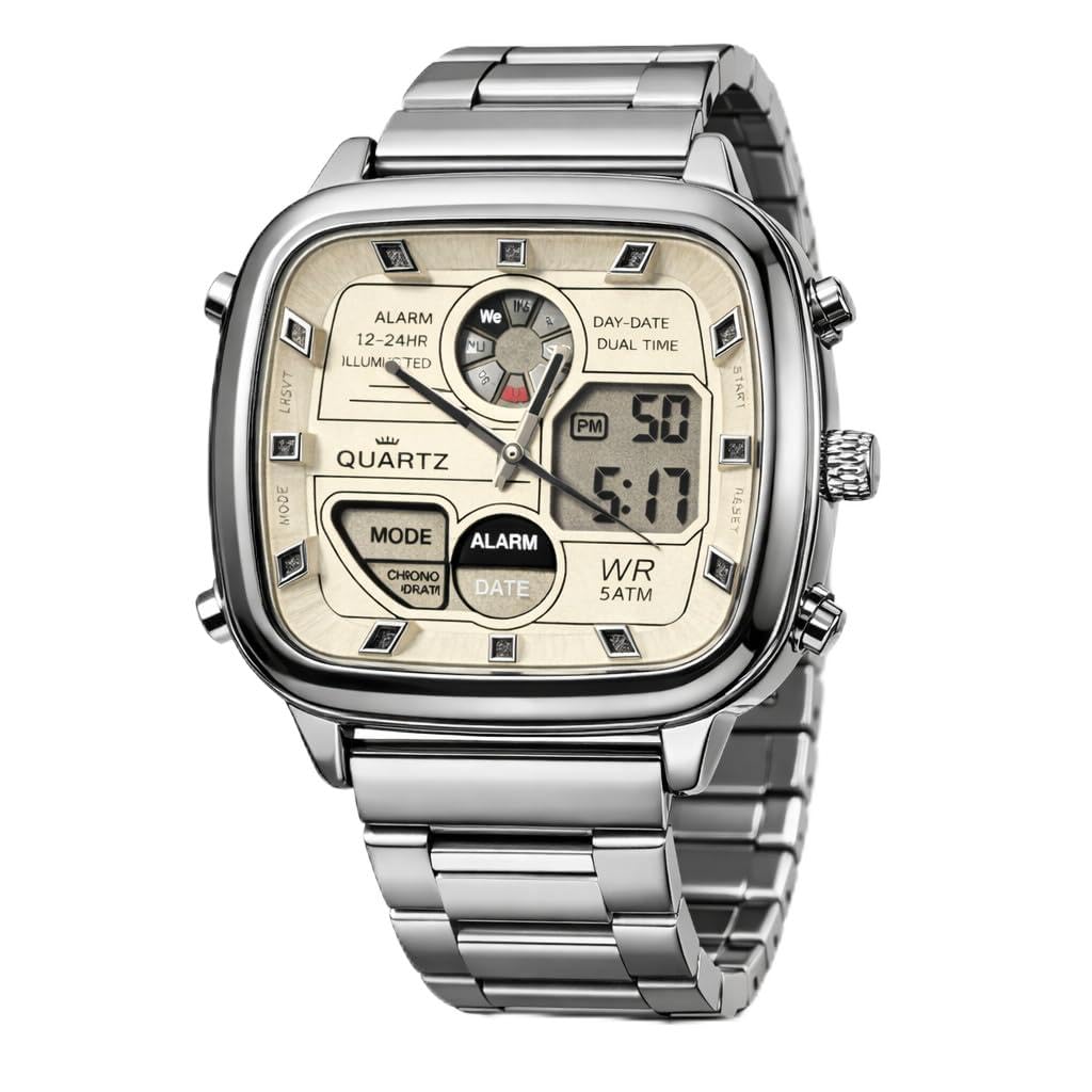 Men’s Analog Digital Quartz Watch Silver Stainless Steel Strap Square Dial Dual Time Day Date Alarm 5ATM Water Resistant Chronograph Style Wristwear Classic Luxury Sports Formal Casual Bracelet Durable Premium Gift Men’s Analog Digital Quartz Watch Silver Stainless Steel Strap Square Dial Dual Time Day Date Alarm 5ATM Water Resistant Chronograph Style Wristwear Classic Luxury Sports Formal Casual Bracelet Durable Premium Gift