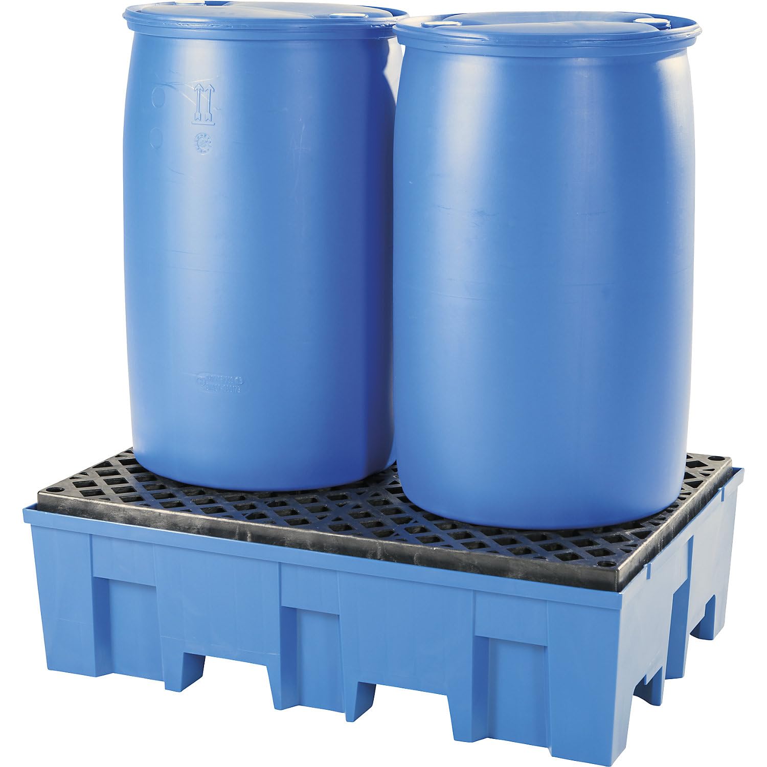 ASECOS | PE-Auffangwanne für 2 Fässer à 200 Liter | unterfahrbar | Höhe 350 mm | mit PE-Gitterrost