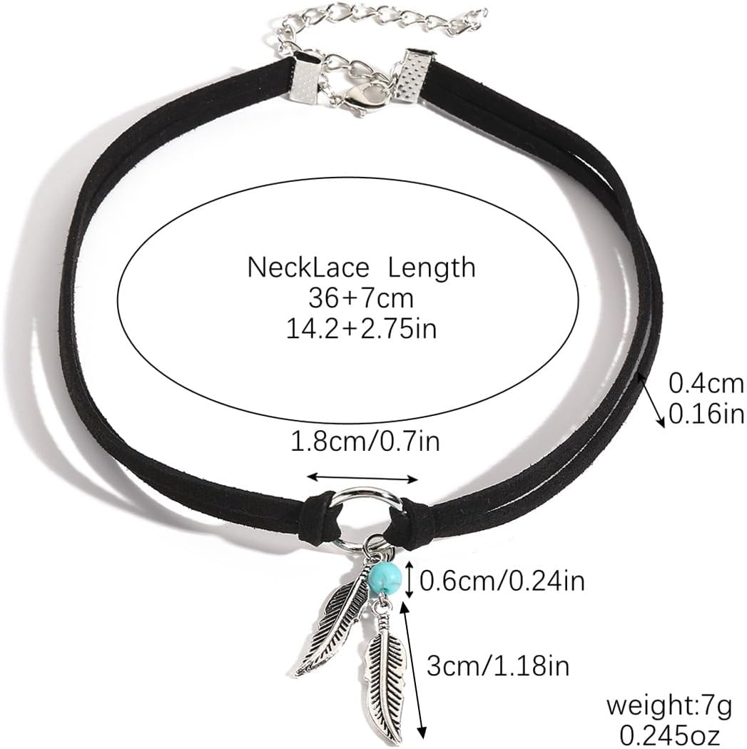 Bohemian Turquoise Leather Choker Necklace for Women Vintage Handmade Feather Layered Black Brown Suede Western Cowlady Necklace Western Country Party Jewelry Gifts - Image 6