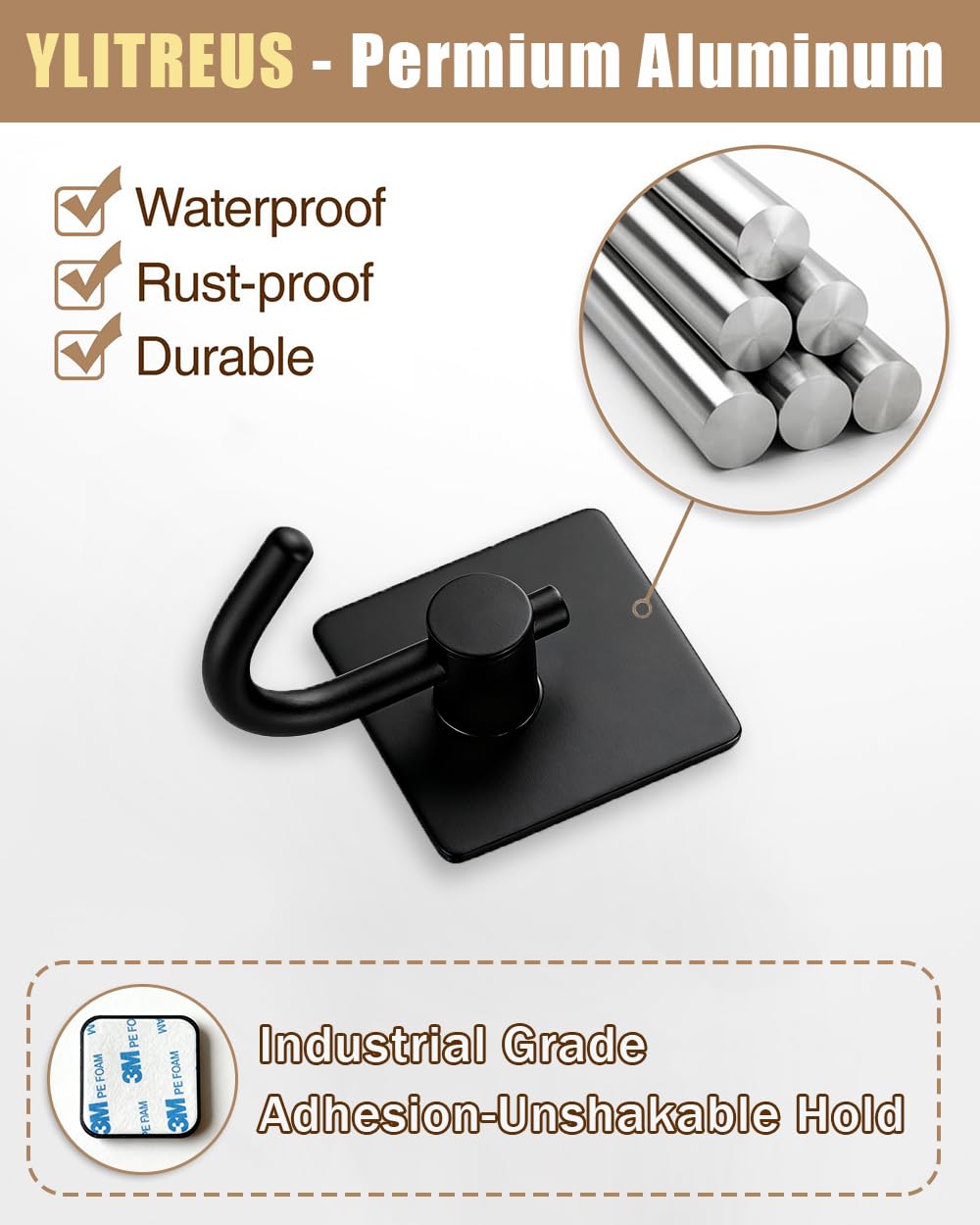 YLITREUS Ganci Adesivi 6 Pezzi - Ganci Autoadesivi da Parete in Acciaio Inox Nero per Bagno Cucina Camera - Gancio per Asciugamani, Chiavi e Vestiti Senza Forare