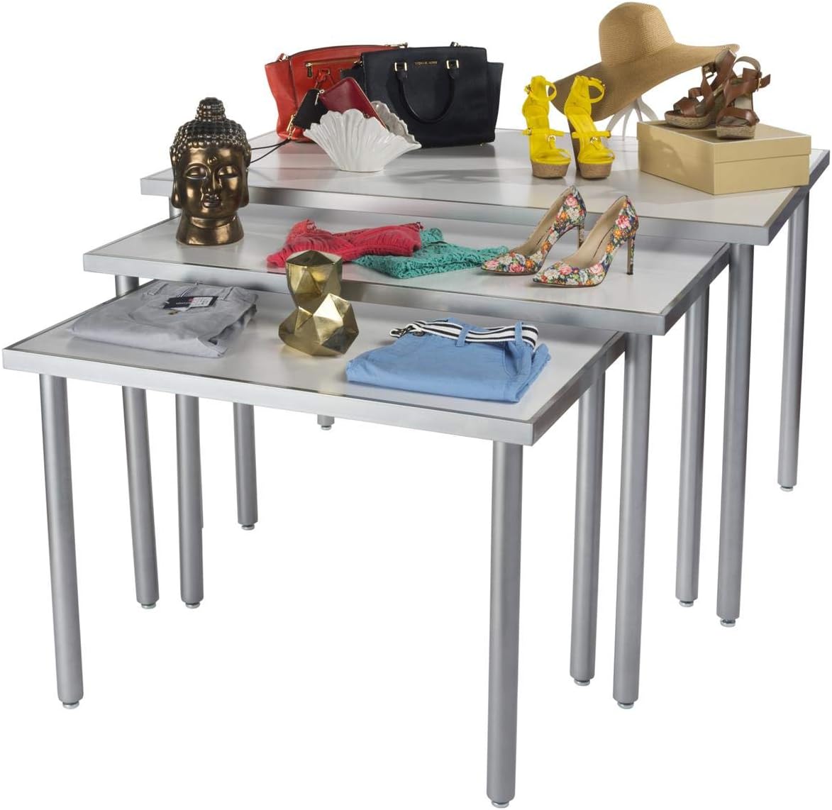 Displays2go, White Nesting Tables for Retail, Steel, MDF, Melamine Build – White, Silver Finish (NST3T48WT)