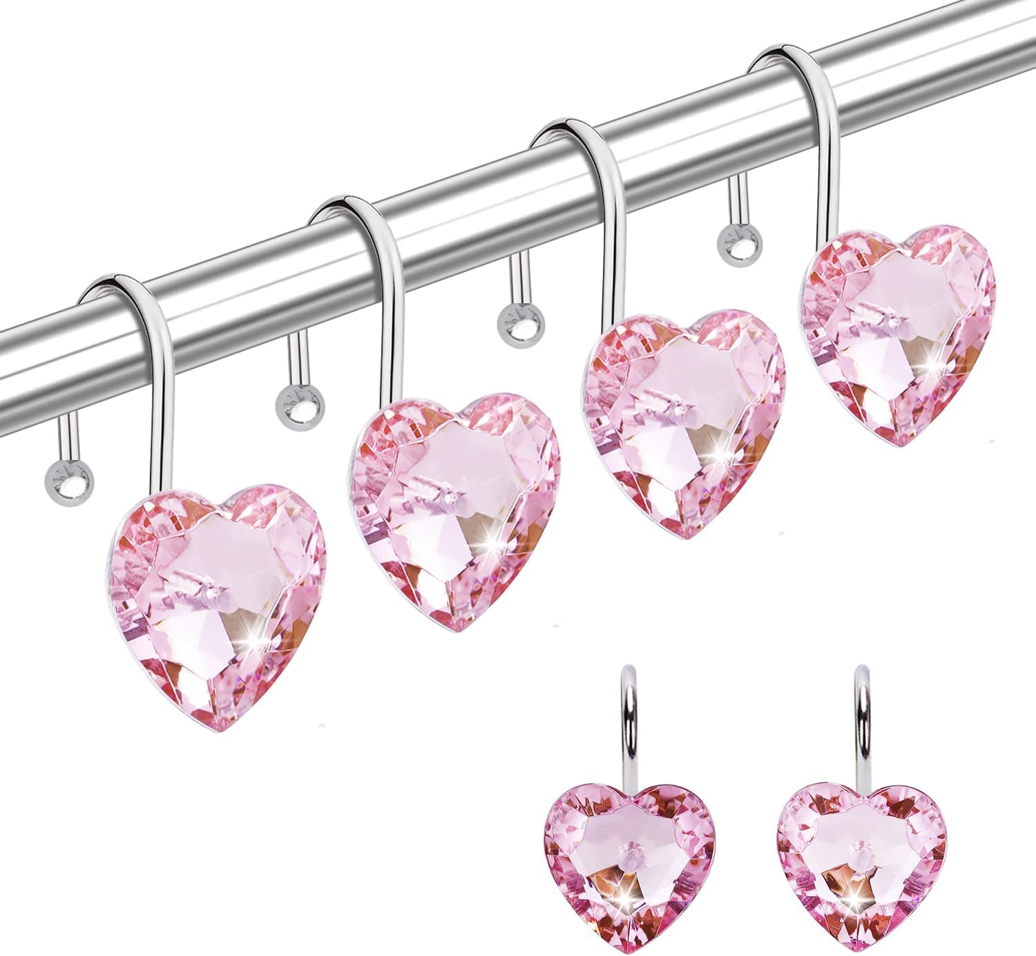 12PCS Shower Curtain Hooks, Heart Shaped Rhinestone Rings, Stainless Steel Rust Resistant Bathroom Decor Hangers for Curtains Bathroom Home Decor