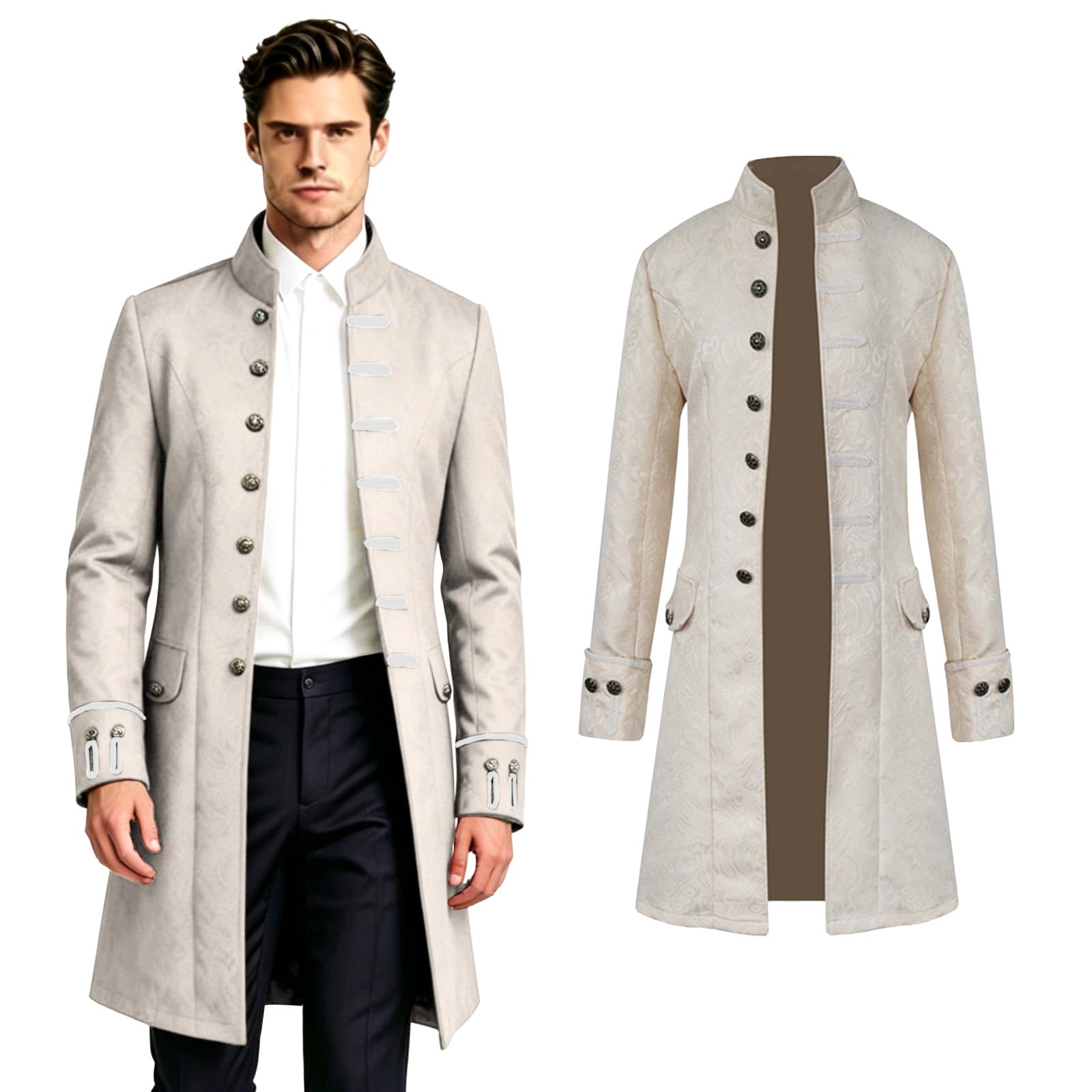 Crubelon Men's Steampunk Vintage Tailcoat Jacket Gothic Victorian Frock Coat Uniform Halloween Costume (White, L)