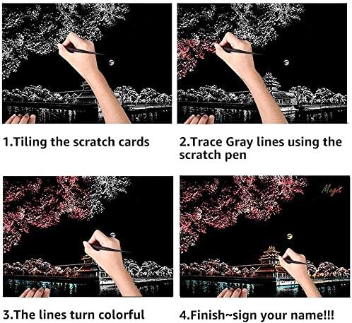 C-pop Scratch Art, Scratch Art Paper DIY Night View Scratchboard for Adult and Kids, with Stylus/Black Brush,8.2''x11.4'' (Cherry Blossom)