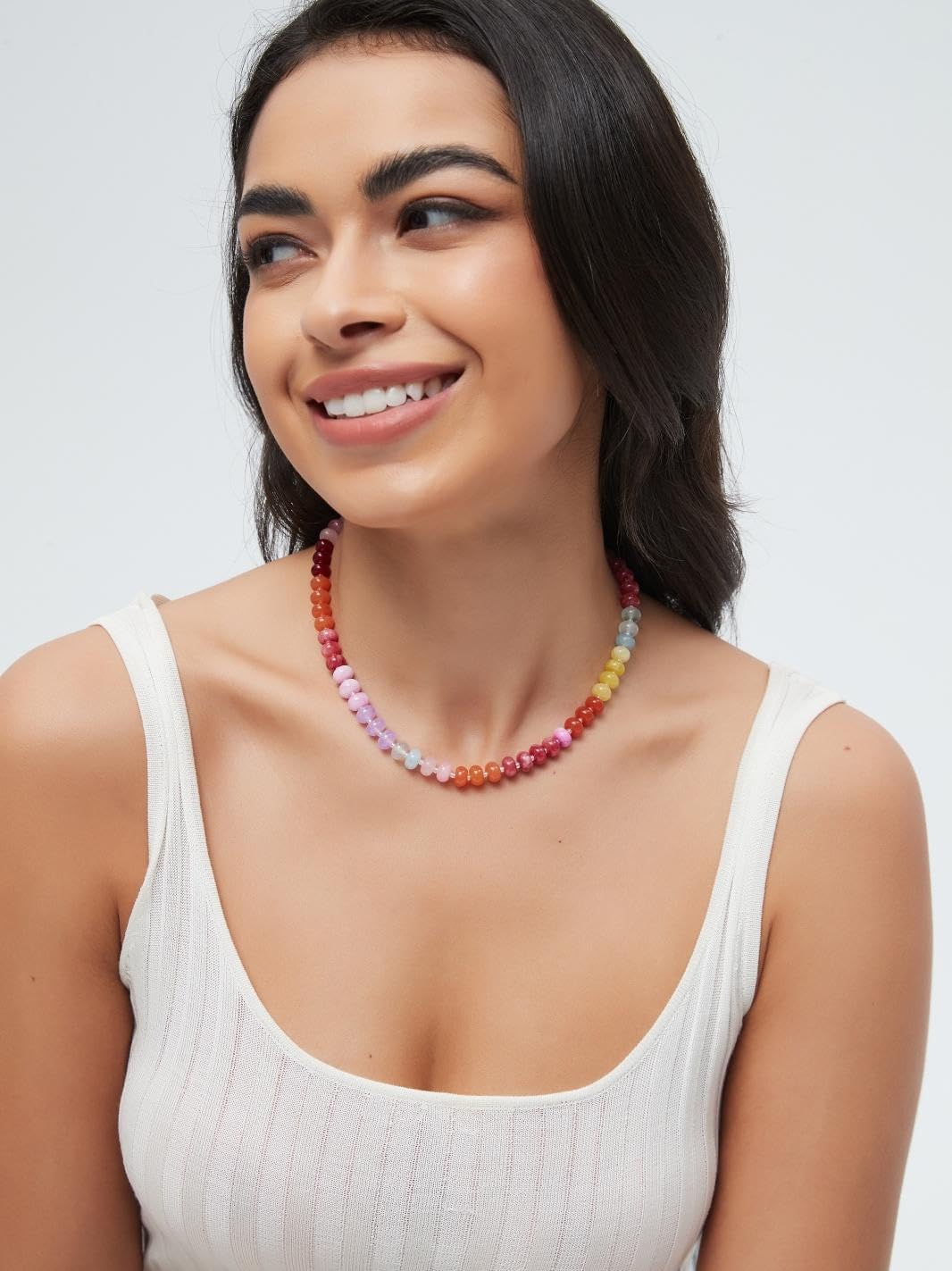 Zissunbeam Bead Gemstone Choker Necklace for Women,Colorful Natural Stone Beaded Statement Boho Beach Necklace Jewelry for Women, Rainbow Stone Charm Trendy Necklaces