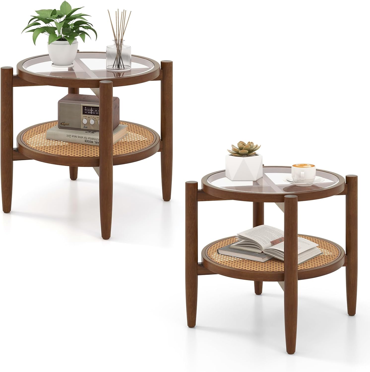 Amazon.com: Giantex Rattan Round End Table Set of 2, Walnut Boho ...