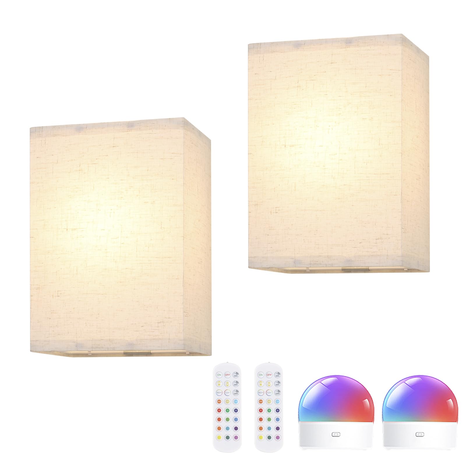 Shenmoyl Adhesive Battery Operated Wall Sconce Set of 2, 6000 mAh Battery Rechargeable Bulb with 12 RGB Colors, Stick on Cuboid Wall Sconce No Drill Wall Lights, Linen