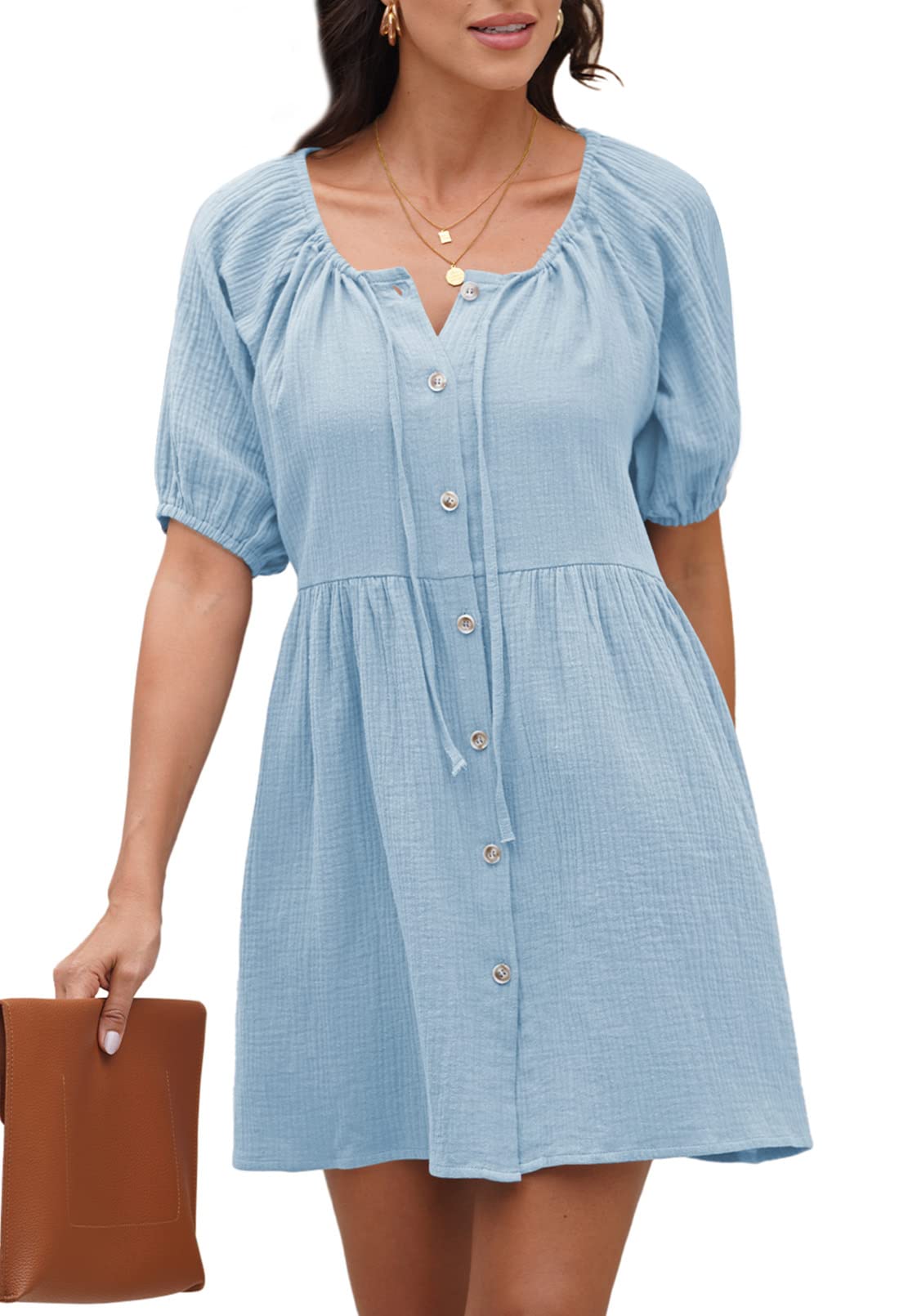 LaSuiveurLaSuiveur Women's Puff Sleeve Shirt Button Down Casual Loose Mini Summer Flowy Swing Shift Dress